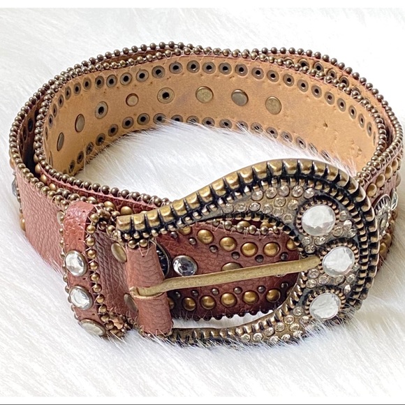 Accessories - Buckle Brown Studded Leather Belt Womens